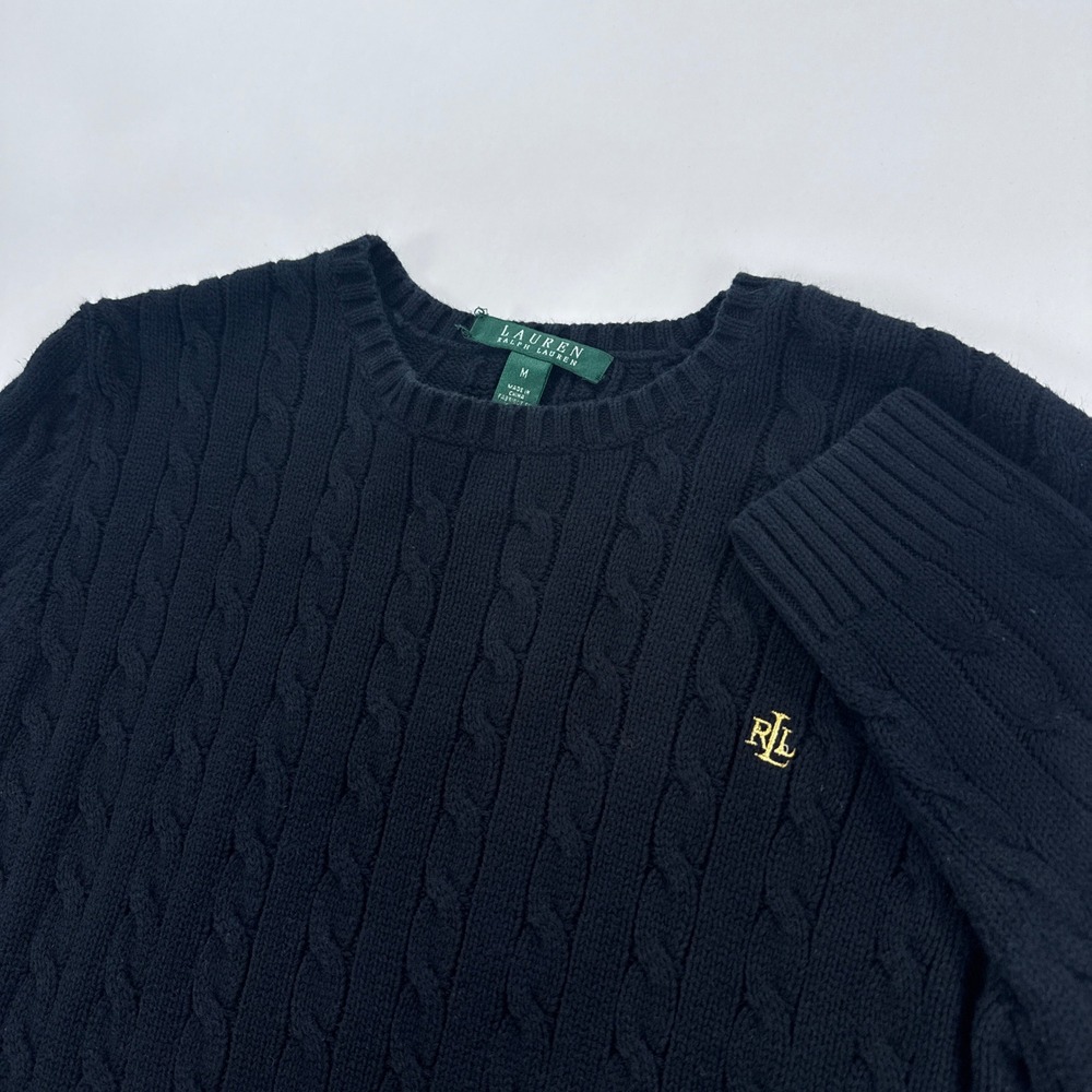 Lauren Ralph Lauren Womens Sweater M Black Cable Knit Crewneck Pullover